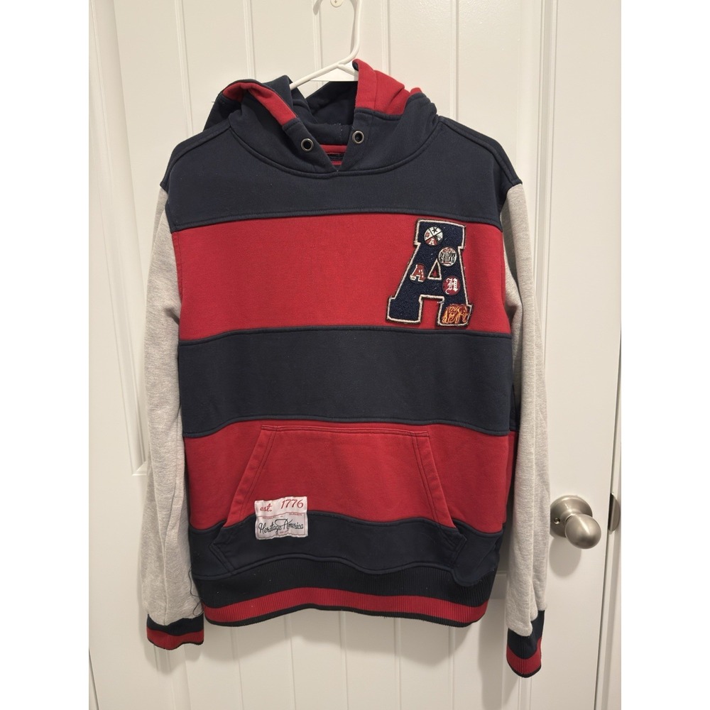 Heritage America Denim Distillery Men's Hooded Sweatshirt‎ Navy/Red W/logo Sz L